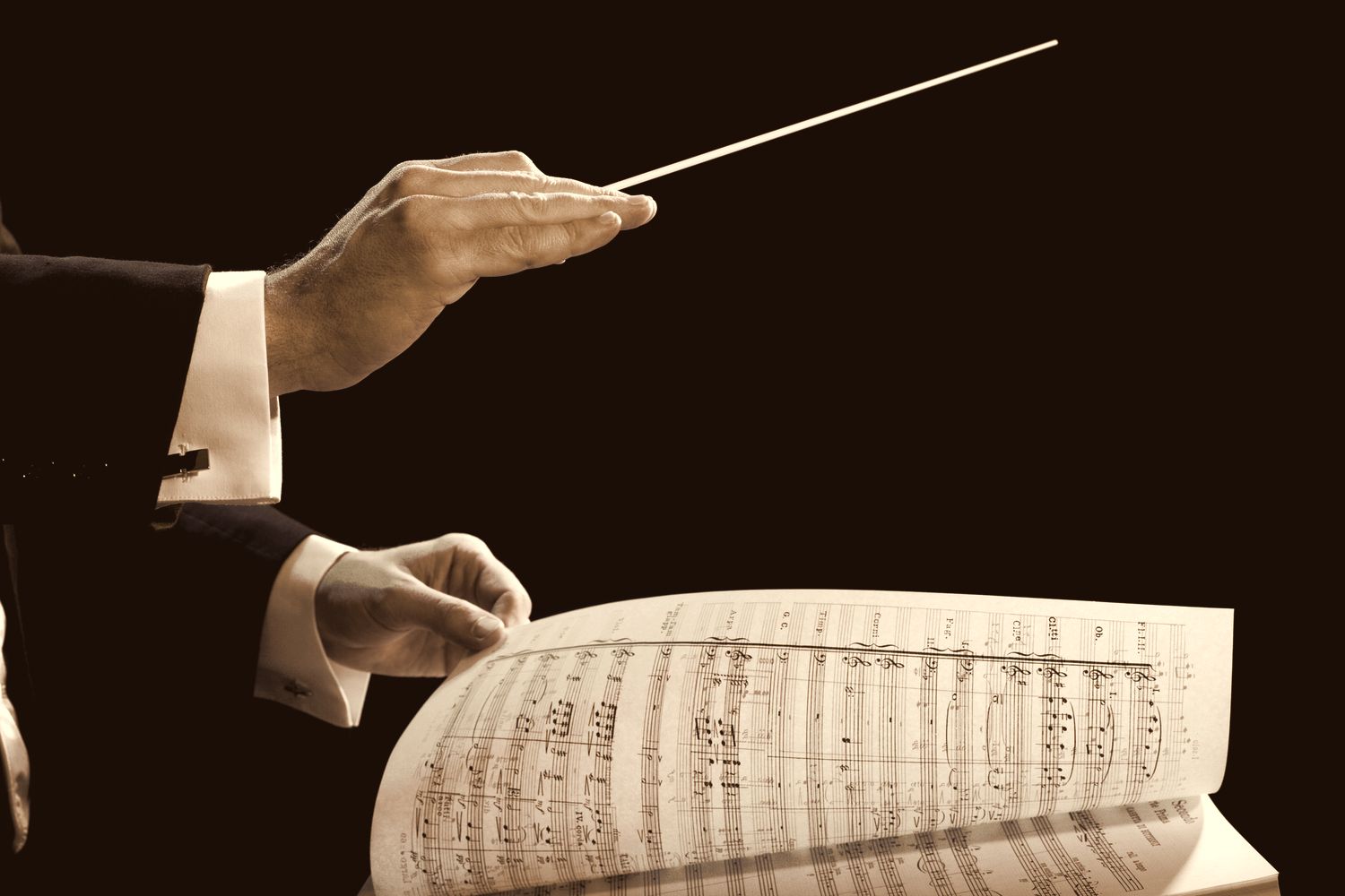 A conductor's hands above an open orchestral score, instrument staves labelled